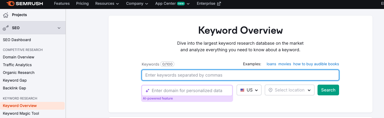 keyword overview report in Semrush