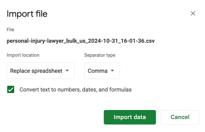 importing keyword data into google sheets with the correct settings