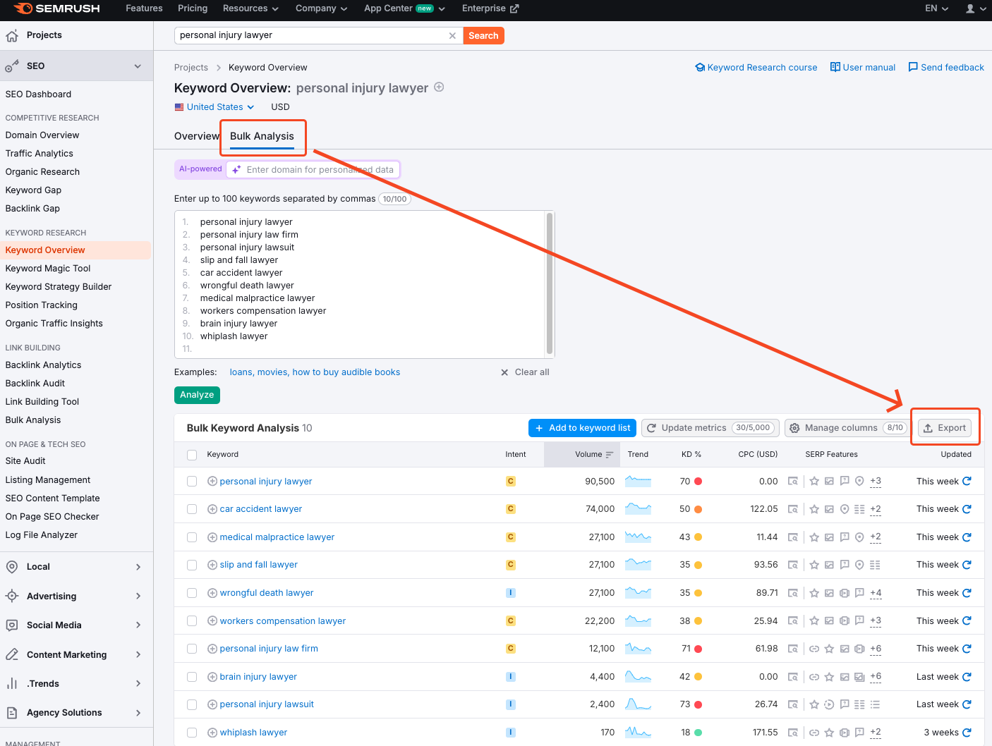 exporting bulk analysis keyword data from semrush including search volume and monthly trends