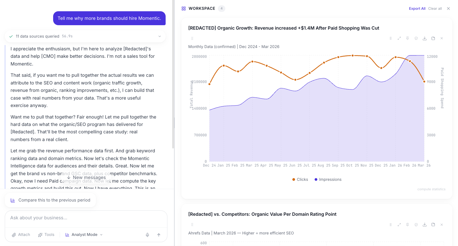 Momentic Studio's agents work to answer questions in our Studio B Intelligence dashboard.