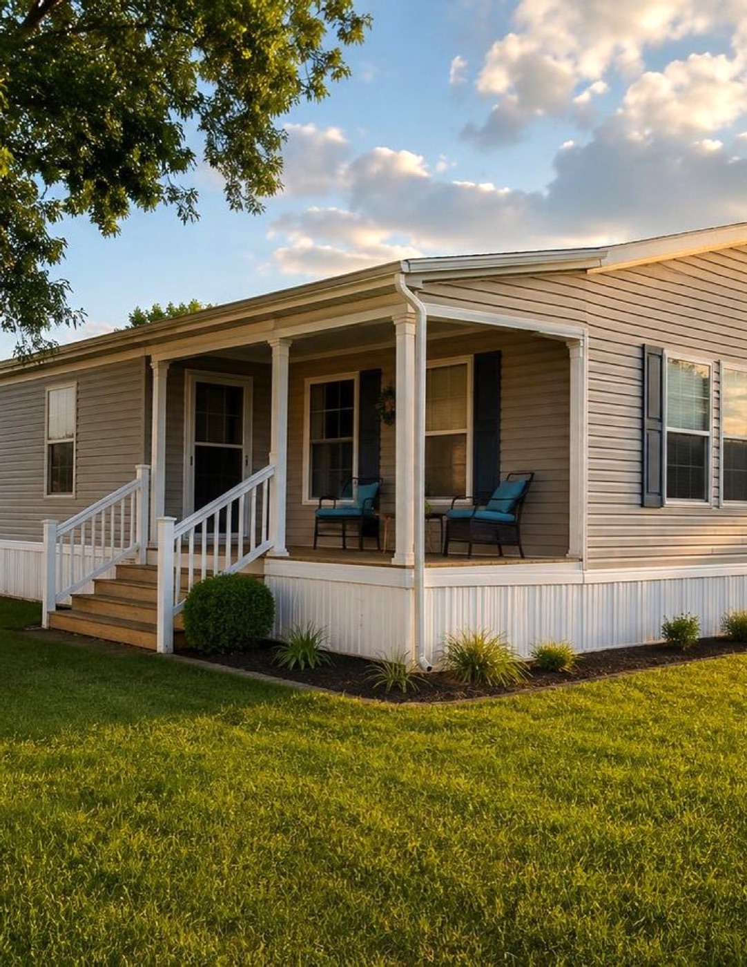 A manufactured home with a covered porch at golden hour