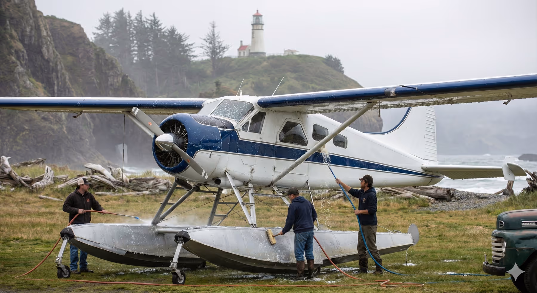 Workers perform pressure washing and washing services on a seaplane as fleet managers oversee detailing services for large vehicles near the coast in portland oregon.