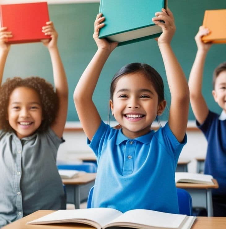 Students in a classroom raising books with smiles during a lesson