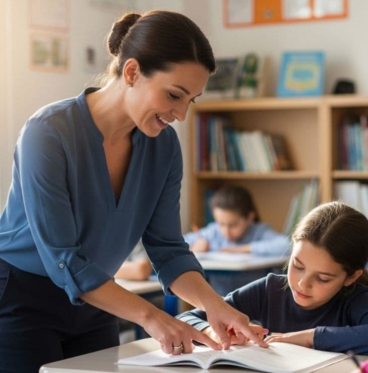 Teacher guiding a student while reading together at a desk