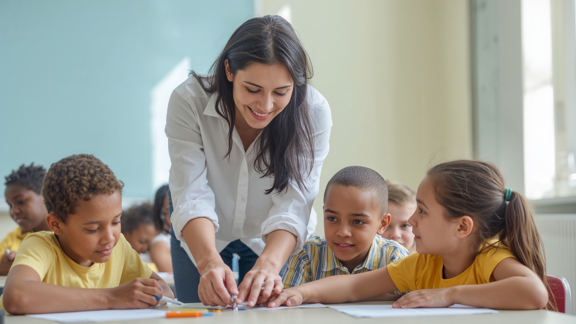 Teacher supporting group learning as students work together at a table