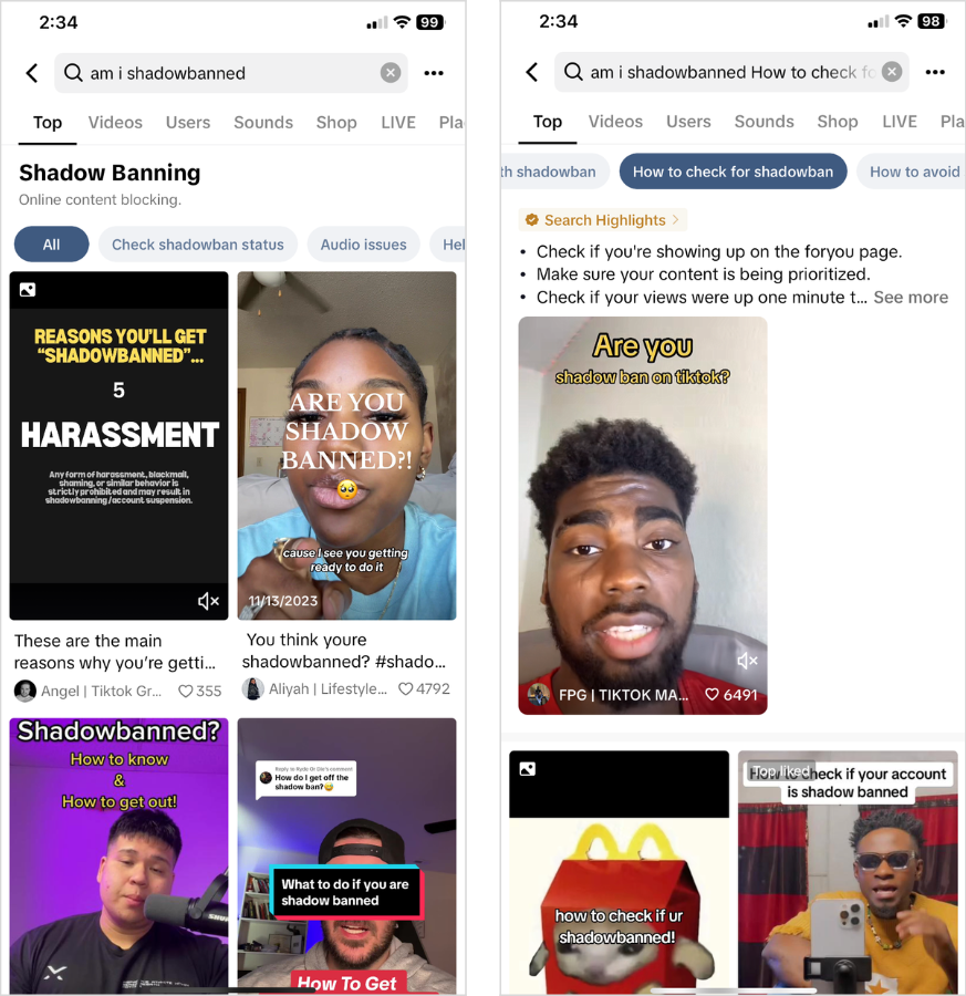 TikTok shadowban search results