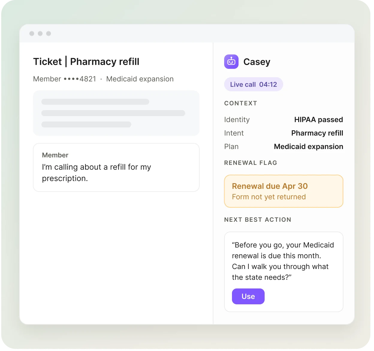 Casey Co-pilot side panel next to an agent ticket, flagging that the member's renewal is due and suggesting what to say