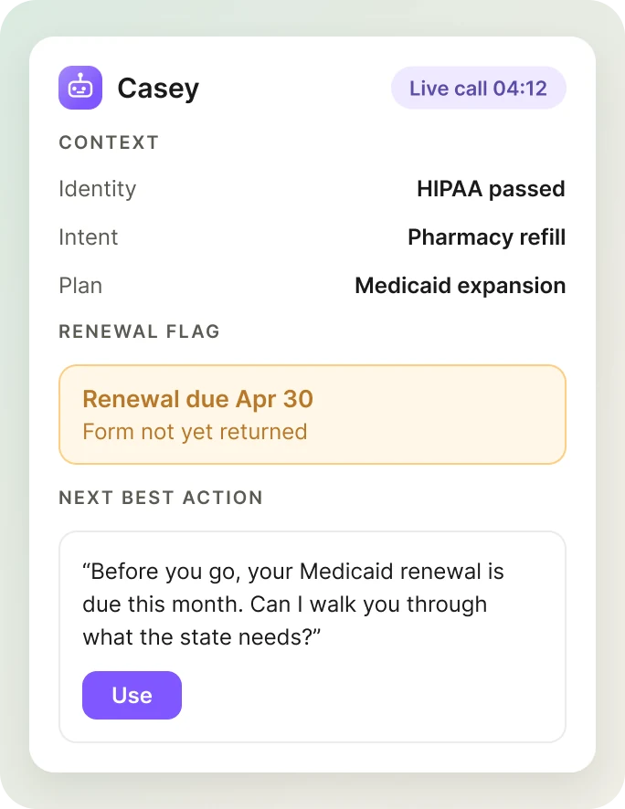 Casey Co-pilot panel flagging a renewal due and suggesting what to say