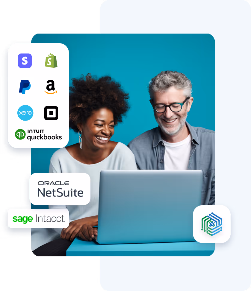 Smiling man and woman sitting together and looking at a laptop screen with icons of popular business software apps like Shopify, PayPal, Amazon, Xero, QuickBooks, Oracle NetSuite, and Sage Intacct around them.