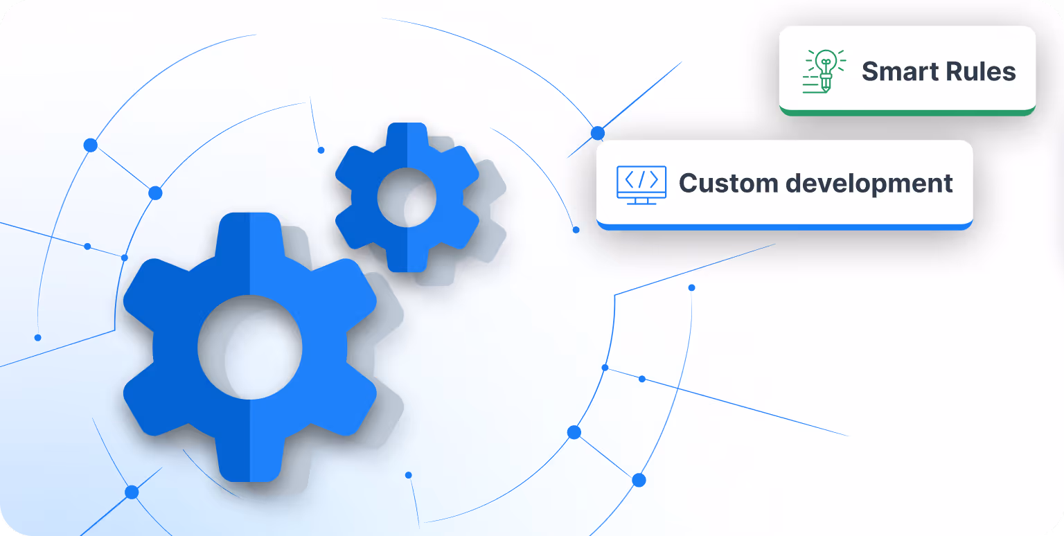 Two blue interlocking gears with floating tags labeled Smart Rules and Custom development with related icons.
