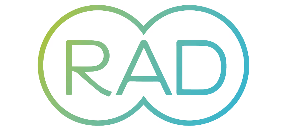 Logo with the letters RAD inside two overlapping circles with a green to blue gradient outline.