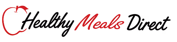 Logo for Healthy Meals Direct with a stylized red apple outline and black and red cursive text.