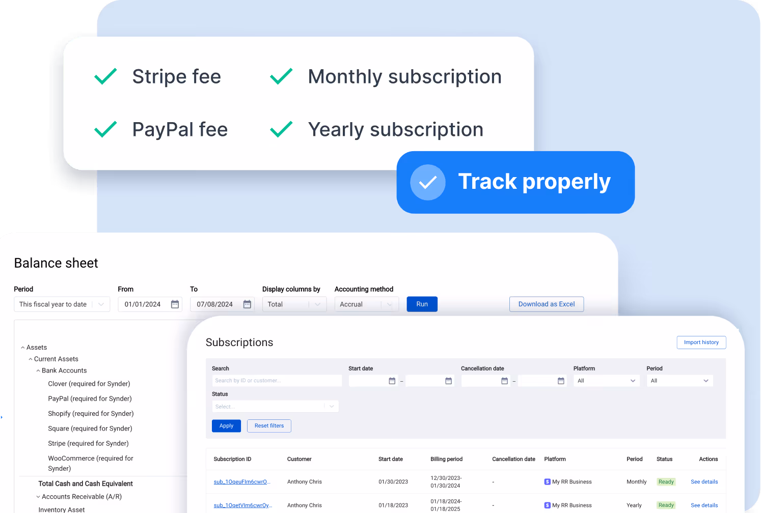 Dashboard displaying checked items for Stripe fee, PayPal fee, monthly and yearly subscriptions, with a blue button labeled Track properly, alongside a balance sheet and subscription details.
