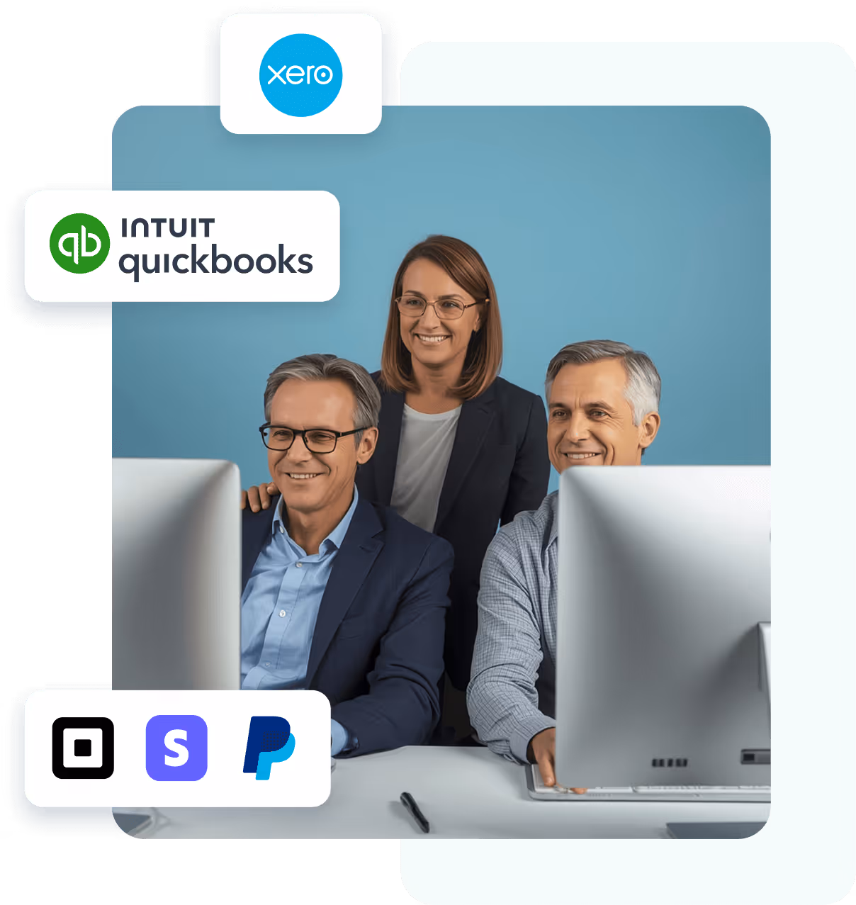 Three professionals smiling and working on desktop computers with logos of Xero, Intuit QuickBooks, Square, Stripe, and PayPal around them.
