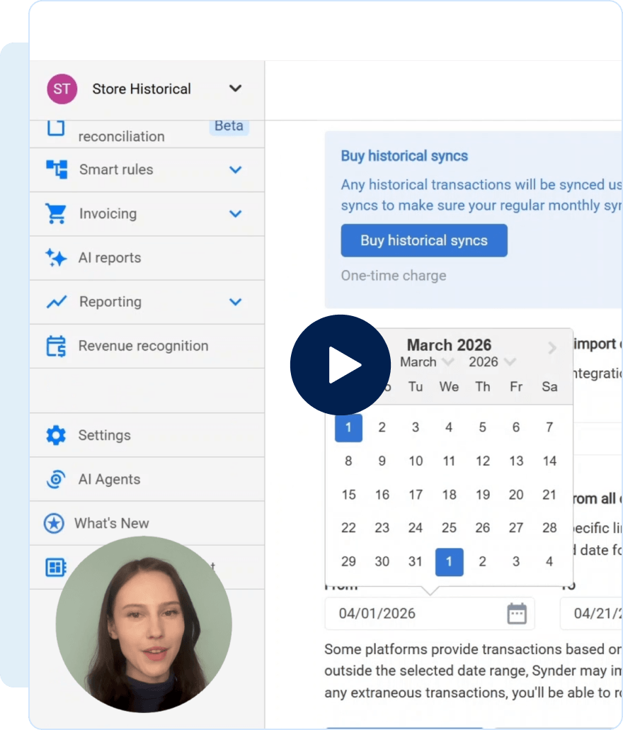 Screenshot of a software interface with a sidebar menu showing options like Smart rules, Invoicing, AI reports, and Reporting, with a calendar popup for March 2026 and a play button overlay on a video thumbnail featuring a woman speaking.