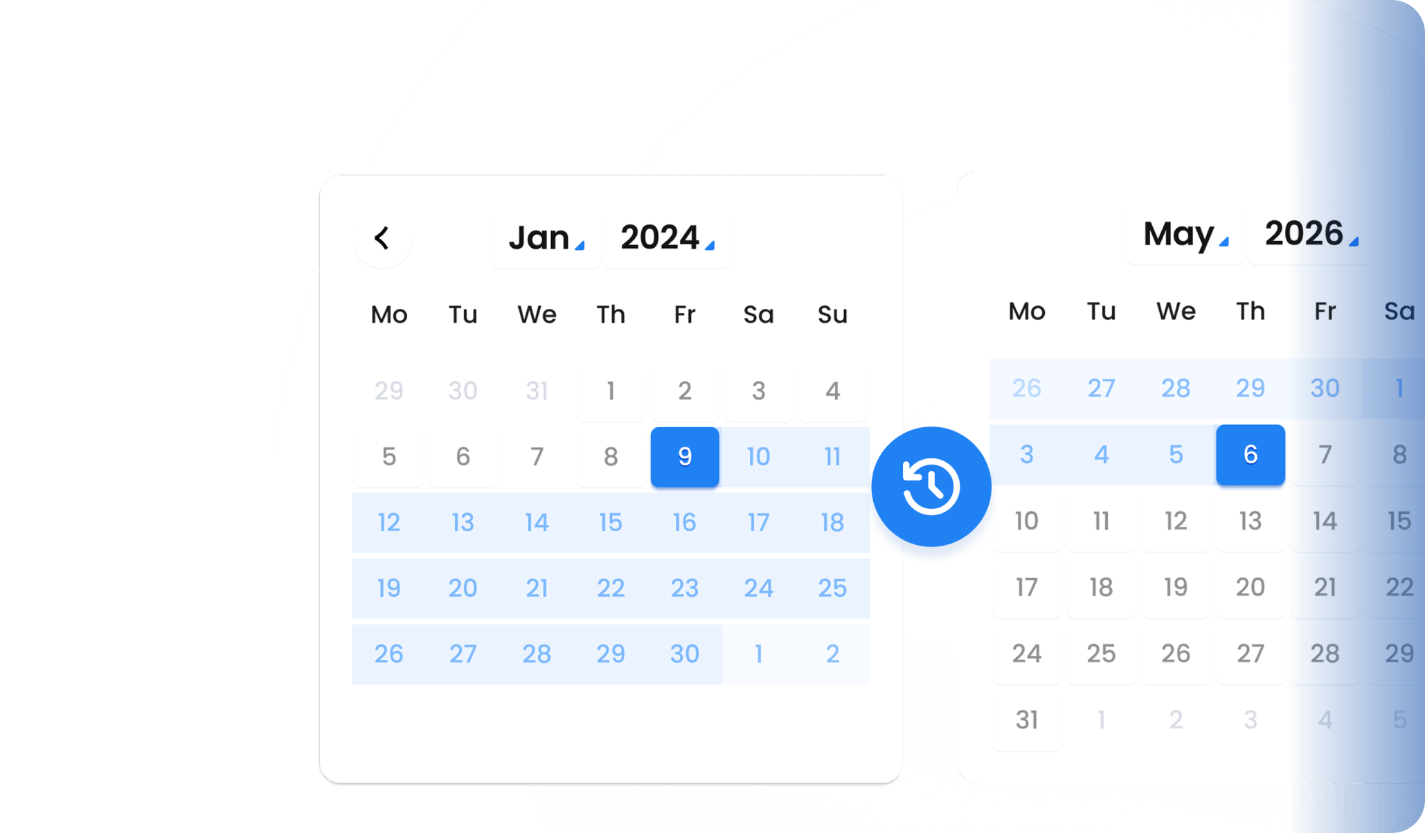 Two calendar widgets showing dates selected from January 2024 and May 2026 with a blue refresh icon between them.