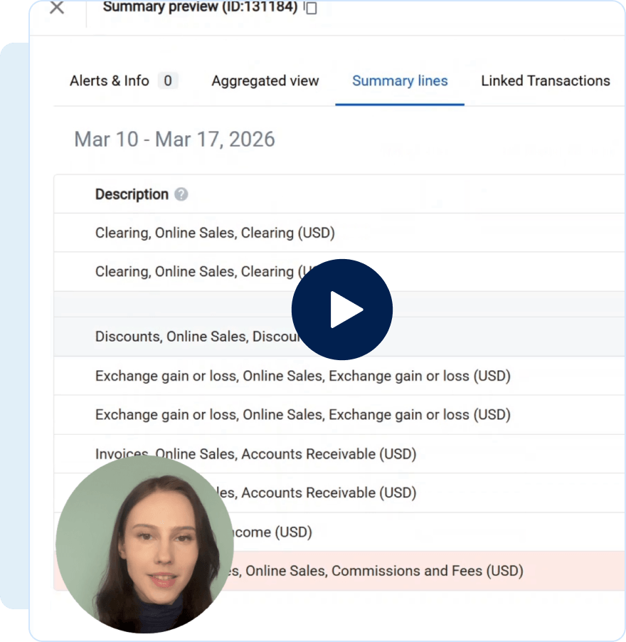 Screenshot of a financial summary interface with a list of transaction descriptions dated Mar 10 - Mar 17, 2026, including clearing, discounts, exchange gains or losses, invoices, and commissions; a play button overlays the center and a circular inset of a woman's face is at the bottom left.