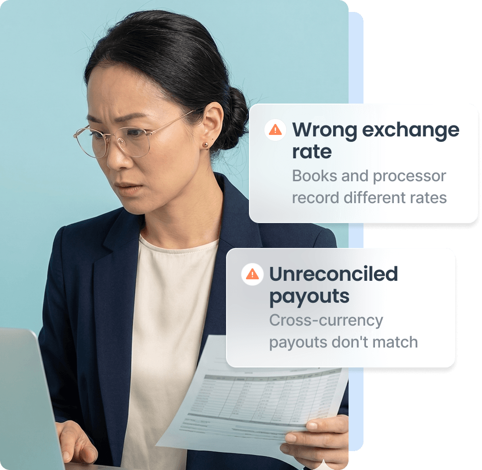 Worried woman in glasses holding a financial document and looking at a laptop with alerts about wrong exchange rate and unreconciled cross-currency payouts.