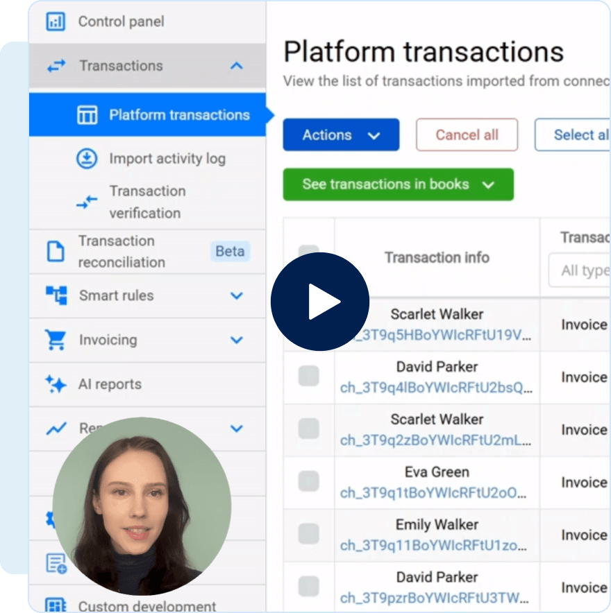 Screenshot of a platform transactions page with a sidebar menu and a play button overlaid on a person’s video.