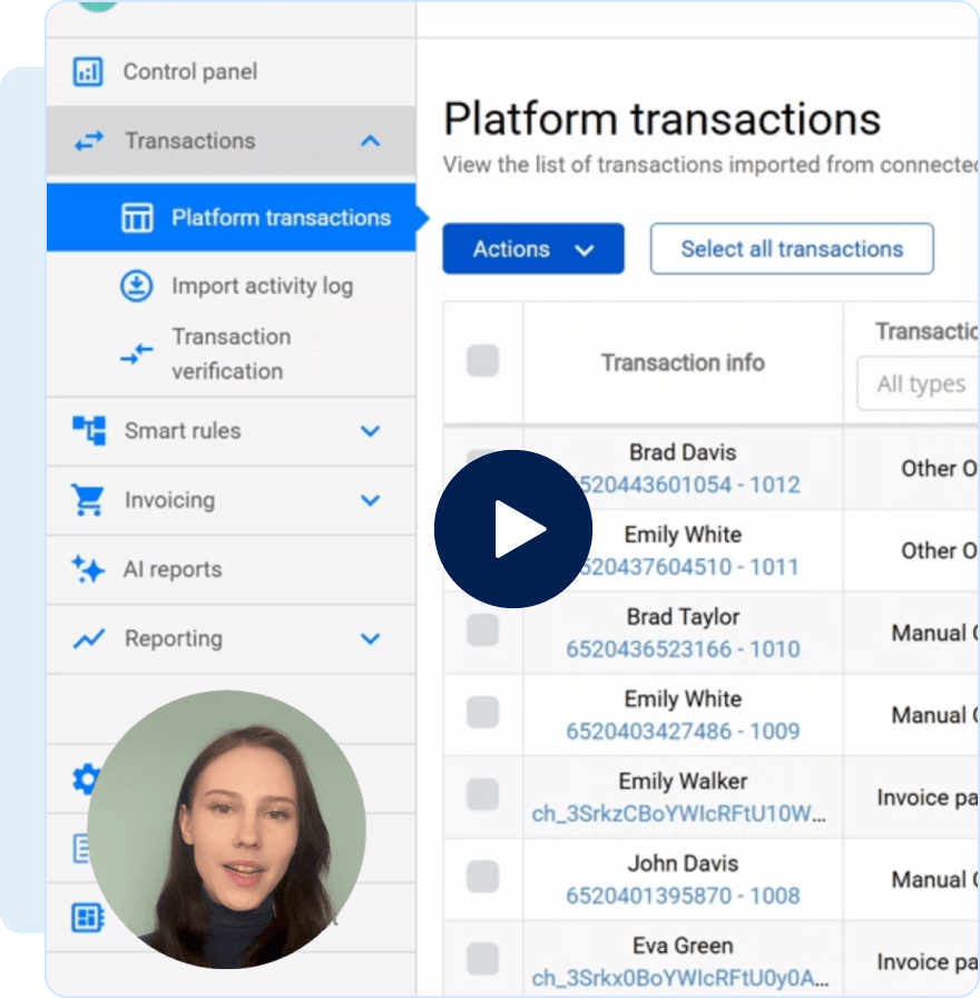 Screenshot of a platform transactions interface with a sidebar menu and a video call participant in a circular frame.