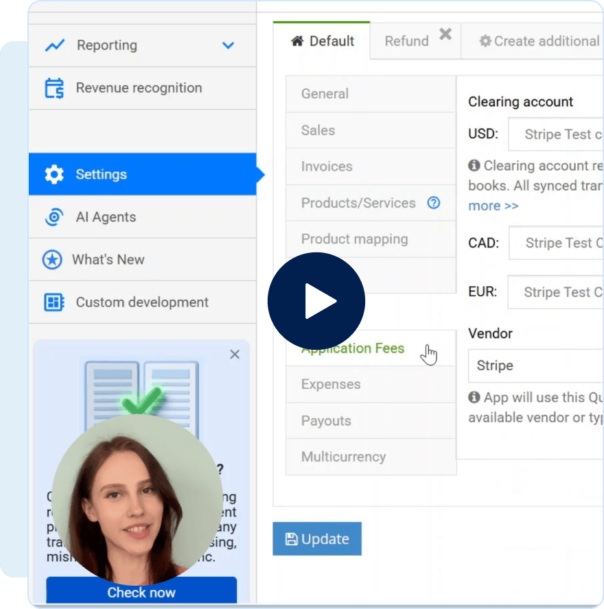 Software settings menu showing options like Reporting, Revenue recognition, and Multicurrency with a play button overlay.