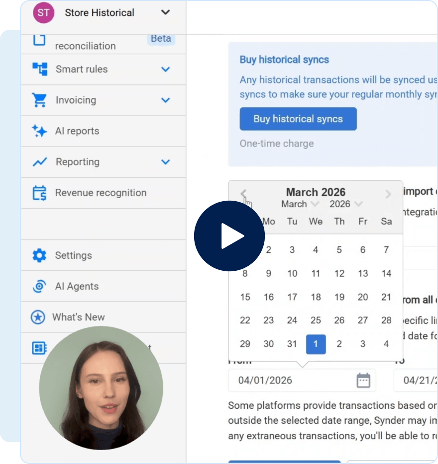 Screenshot of software interface showing a sidebar with menu options and a calendar pop-up set to March 2026.