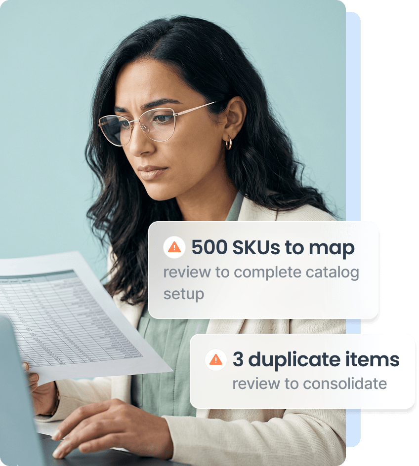 Woman wearing glasses looking at a printed spreadsheet with alerts about 500 SKUs to map and 3 duplicate items.