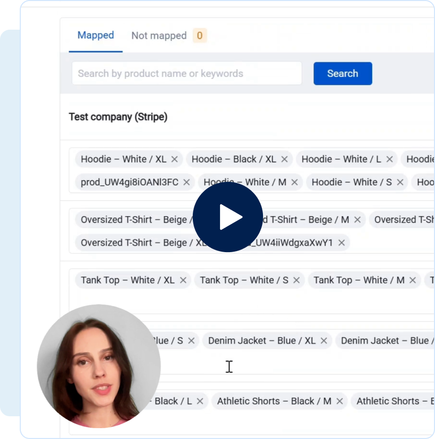 Product mapping interface showing mapped clothing items with sizes and search bar with woman speaking in inset circle.