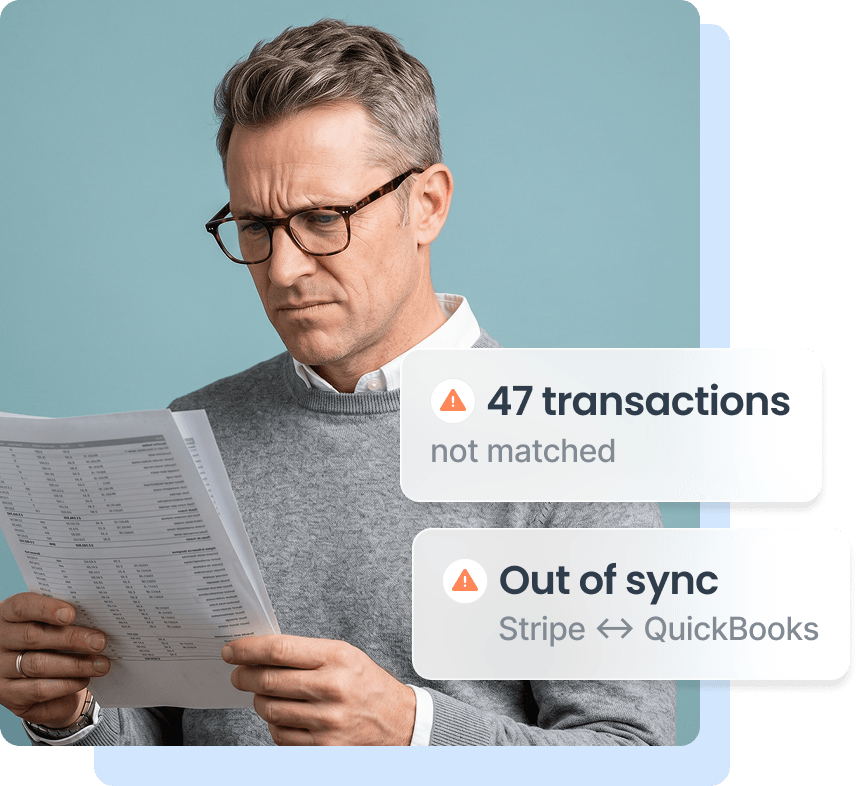 Man checking financial printout with notifications about 47 unmatched transactions and out of sync accounts.