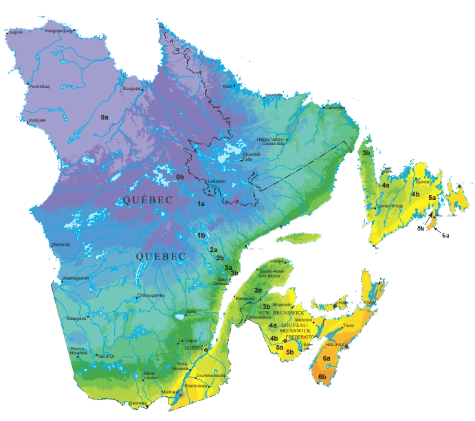 Carte du Québec affichant les différentes zones de rusticité