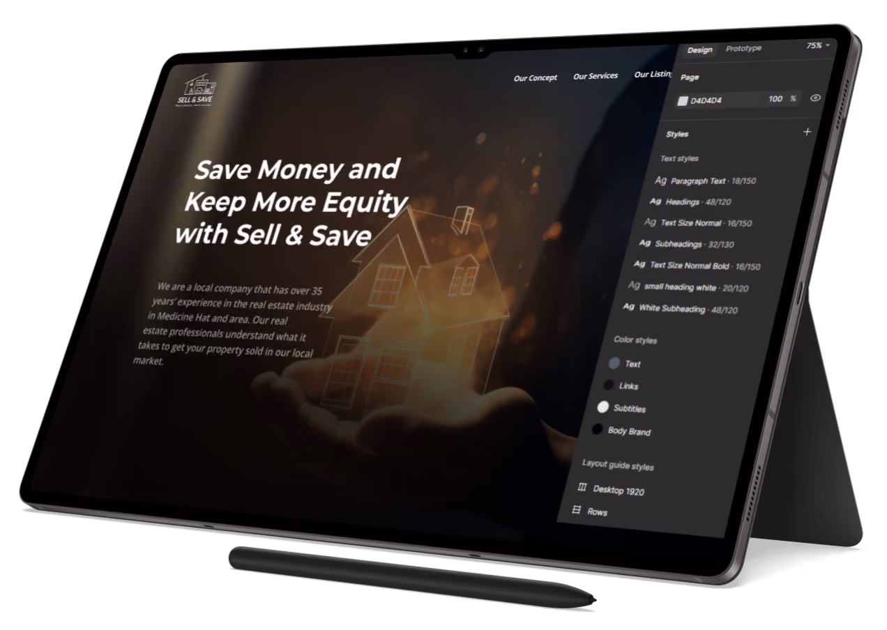 Tablet showing a real estate website design with text about saving money and local expertise.