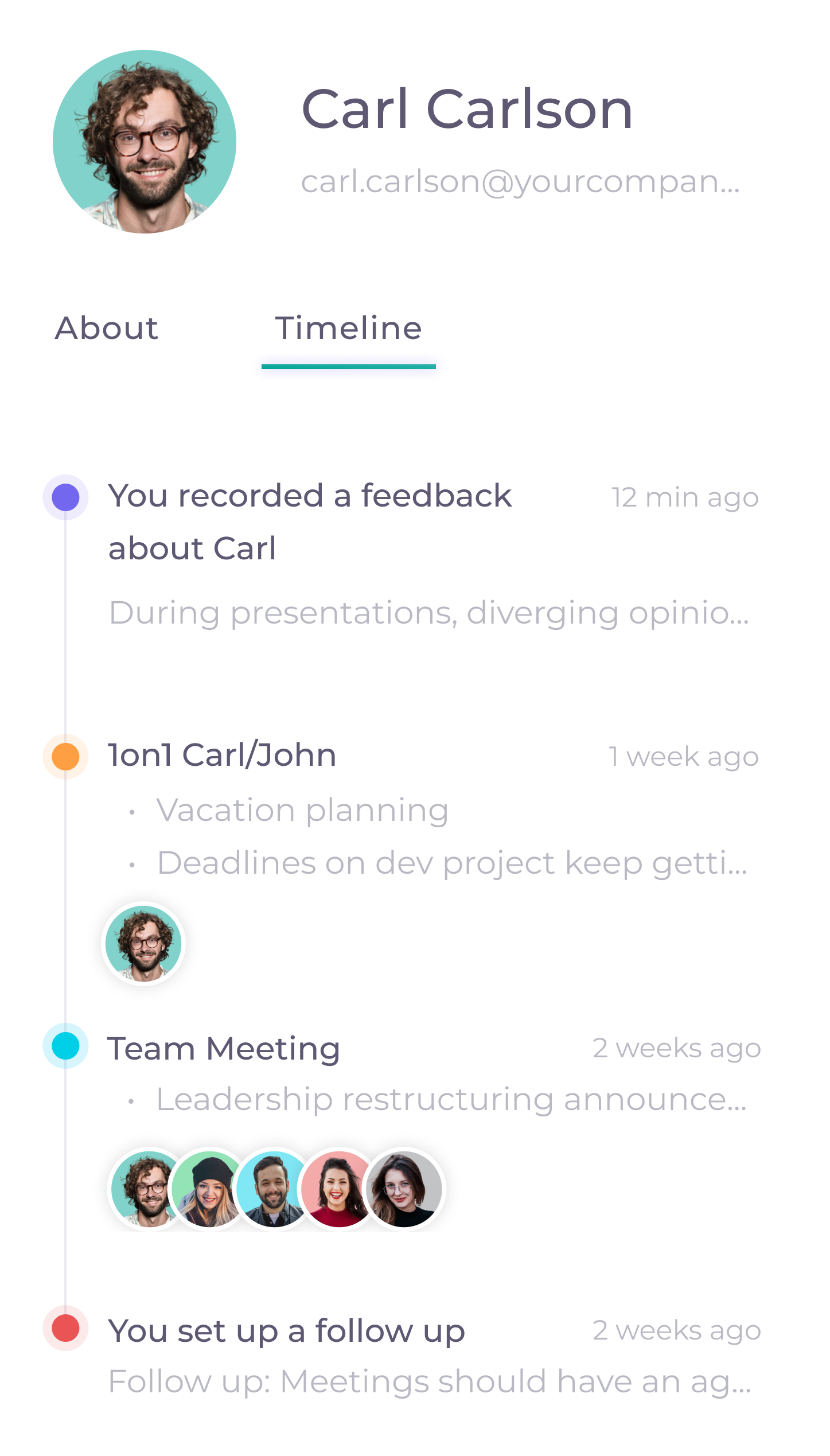 Illustration of a user's timeline that shows meetings and topics related to that person