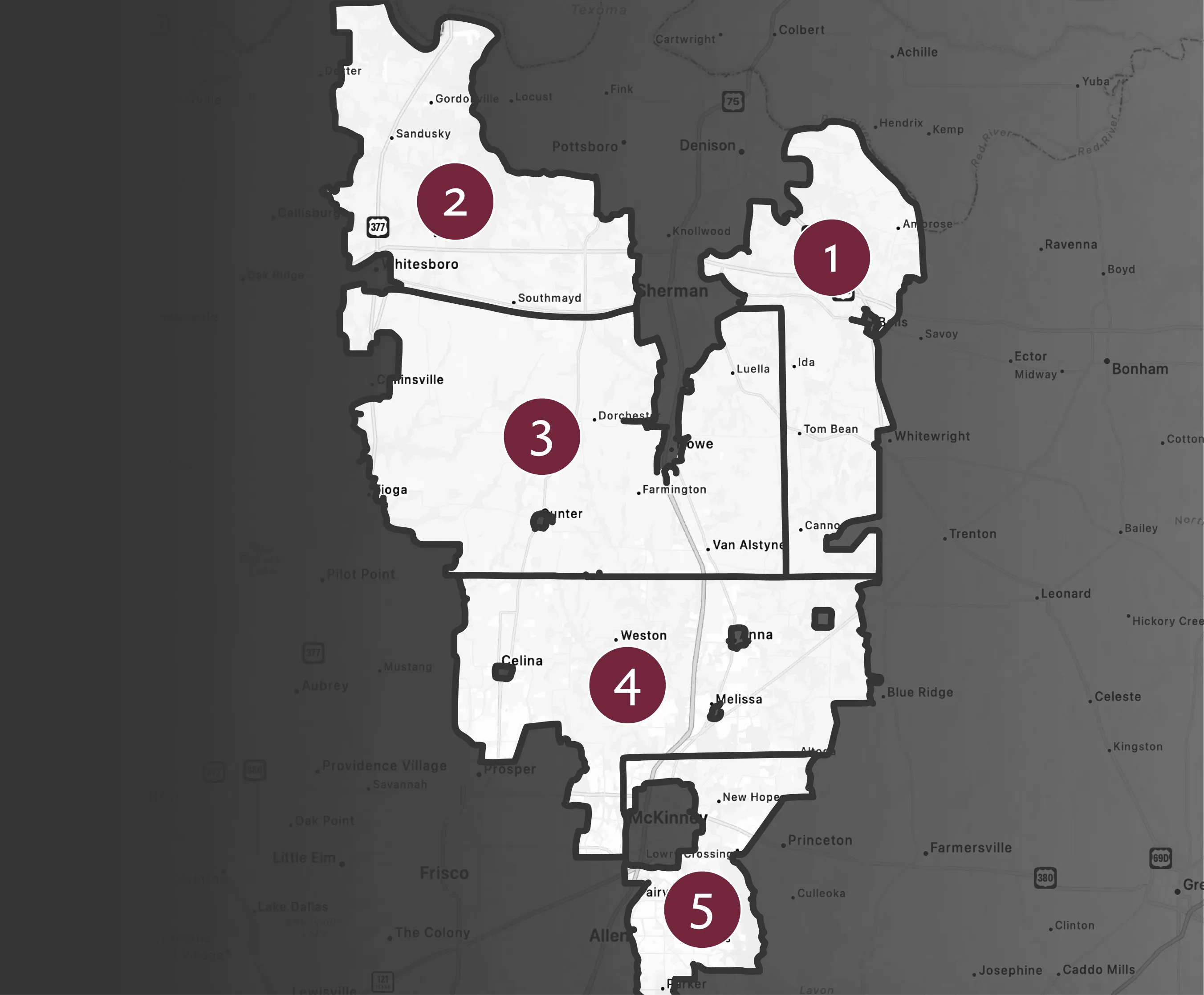 Map highlighting five service areas numbered 1 to 5 within a region including towns Sherman, Whitesboro, Farmersville, Celina, and McKinney, with maroon circles marking each service area.