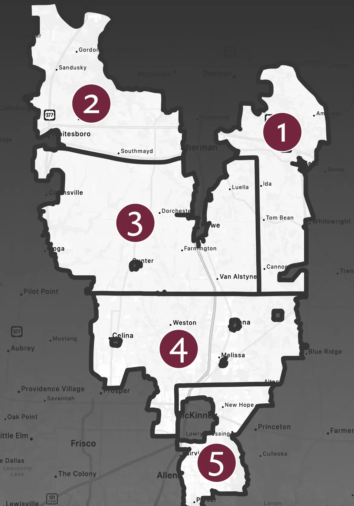 Map highlighting five numbered service areas in grayed region with a black border, showing cities and towns including Whitesboro, Gordonville, Tom Bean, Van Alstyne, Celina, Melissa, Allen, and McKinney, with areas labeled 1 to 5 in maroon circles.