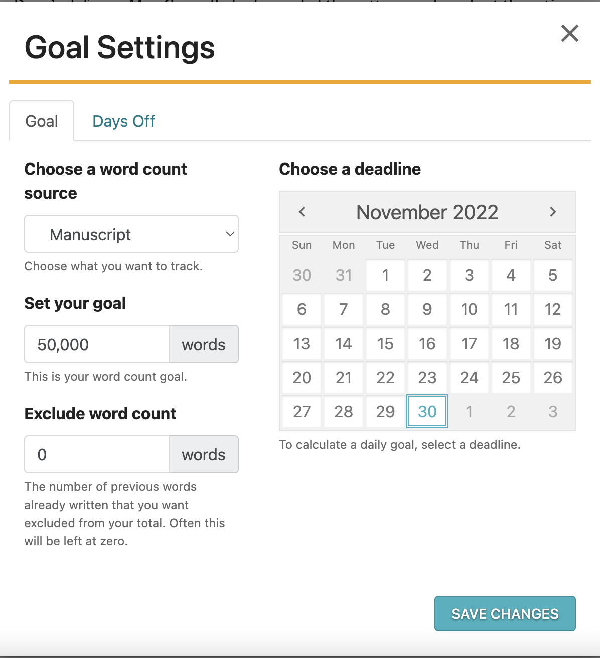 Screenshot of the Dabble goal-setting feature, with the option to choose a word count goal, deadline, and days off.