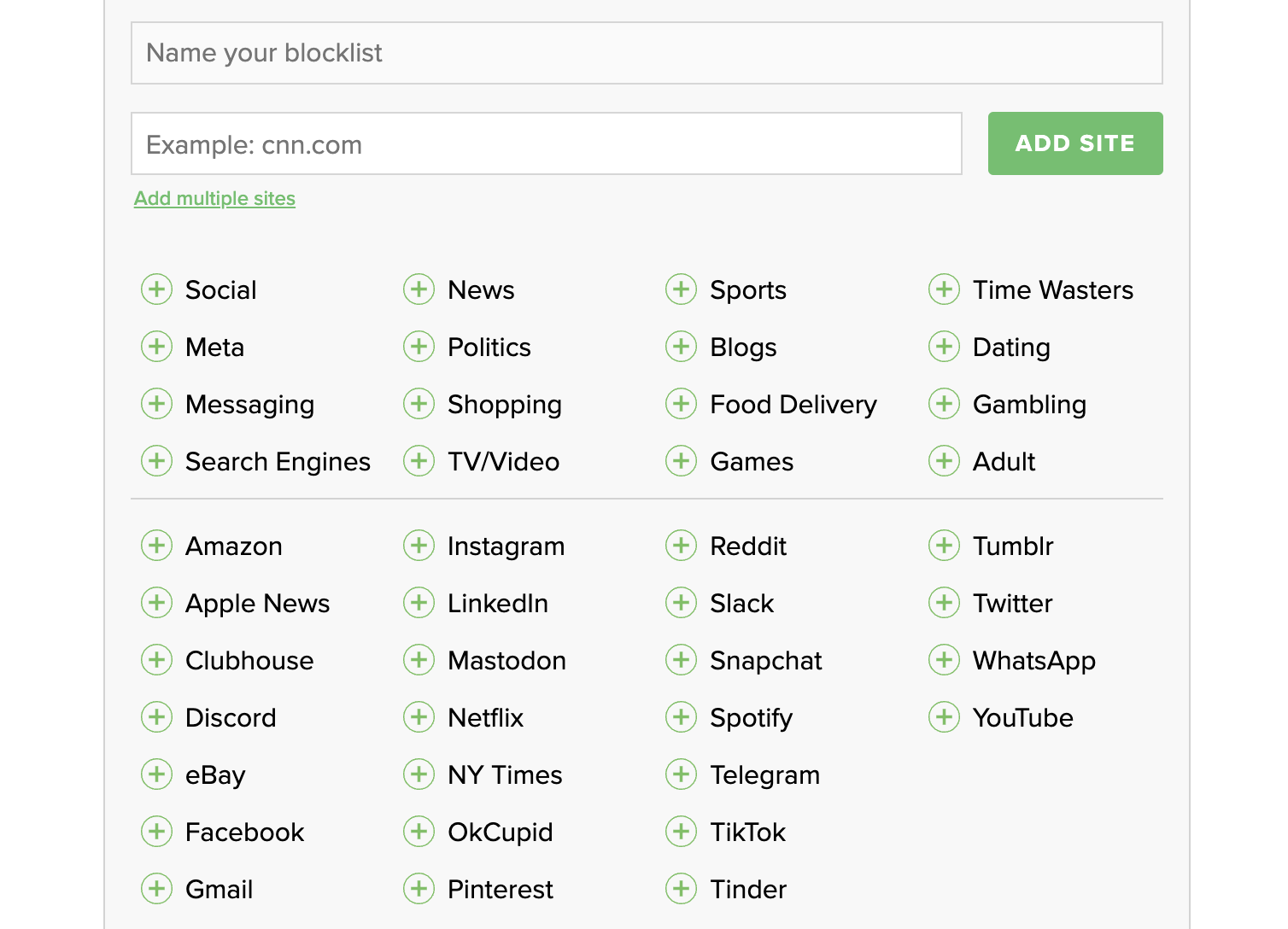 A screenshot of a blocklist on Freedom.
