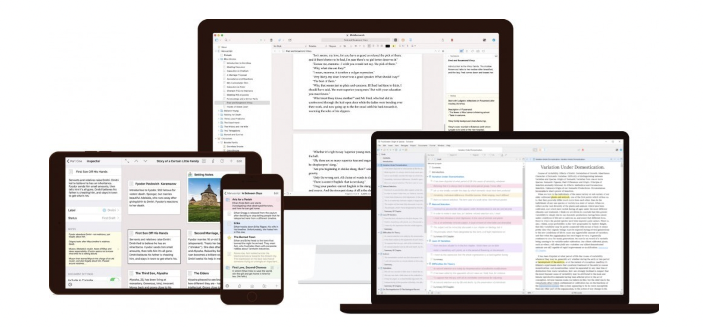 Different devices with the Scrivener writing tool open on them.