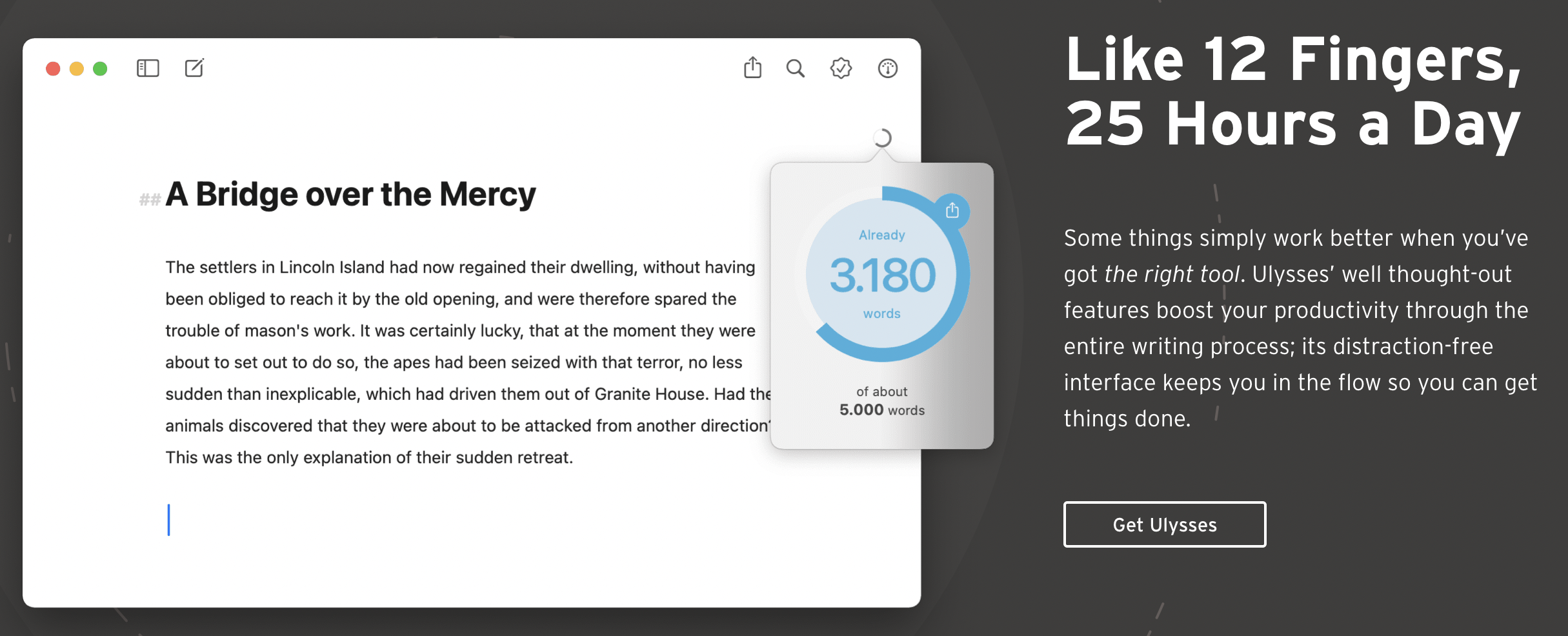Screenshot from the Ulysses homepage showing a minimalist text editor and the slogan, "Like 12 fingers, 25 hours a day."