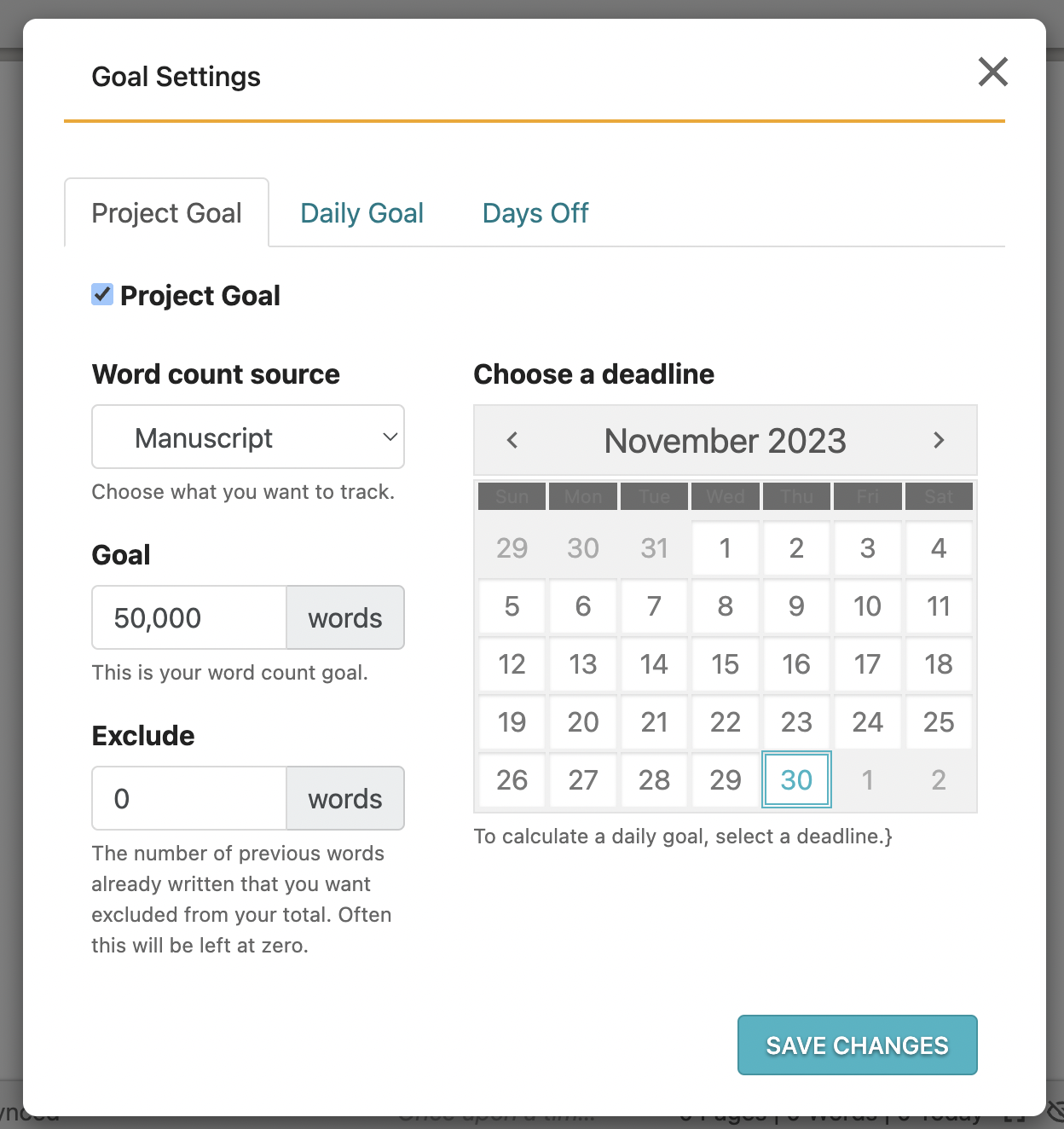 Dabble's Goal Settings with a calendar for choosing a deadline and options to set a word count goal.