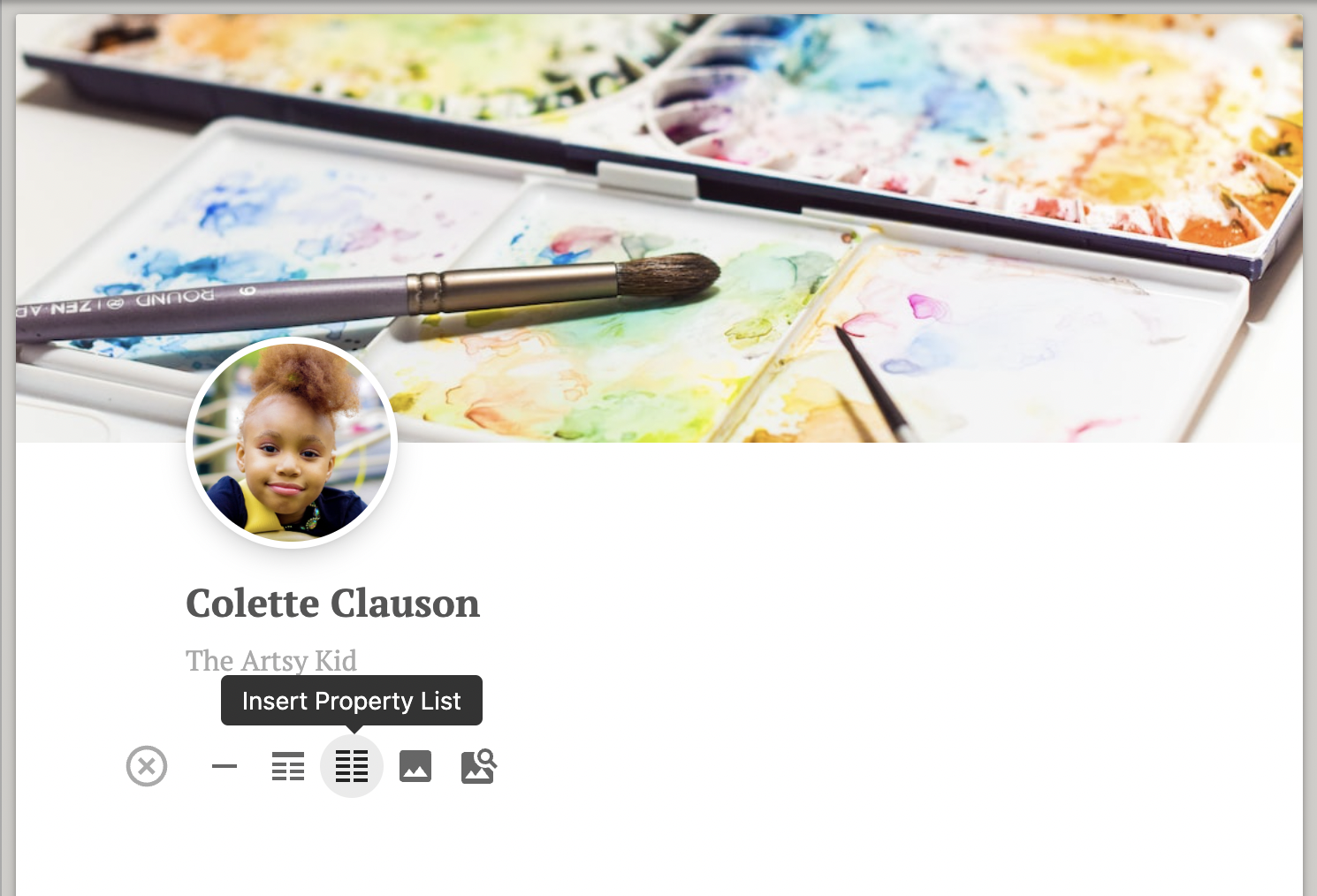 A Dabble character profile with a menu for adding images and property lists.