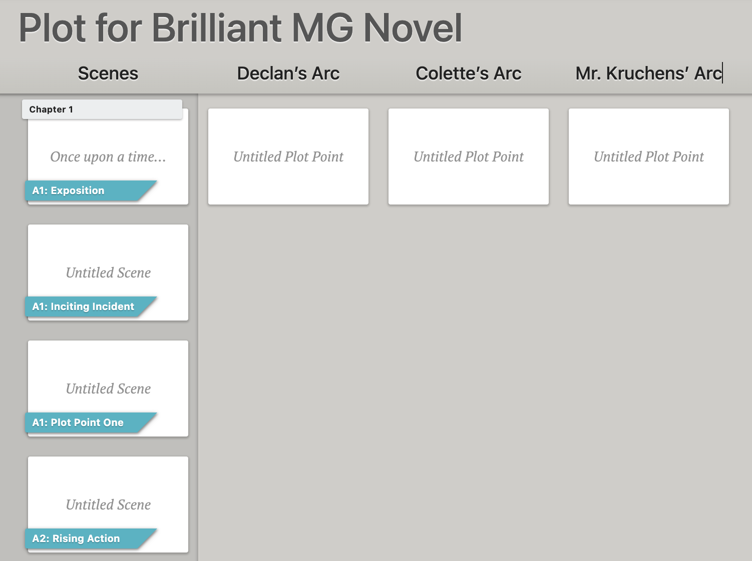 A middle grade Plot Grid with columns for three different character arcs.