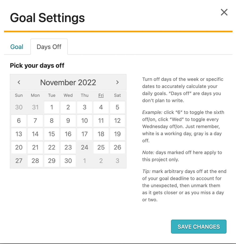 Screenshot of Dabble's Goal Tracking feature showing a calendar where users can mark their days off.