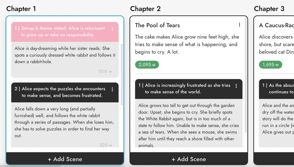 Screenshot of First Draft Pro's Chapter Outline with scenes from Alice in Wonderland in blocks and divided by chapters.