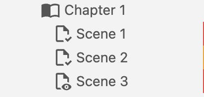Screenshot of scenes in the Dabble manuscript outline with check marks and eyeball overlays over the scene icons.