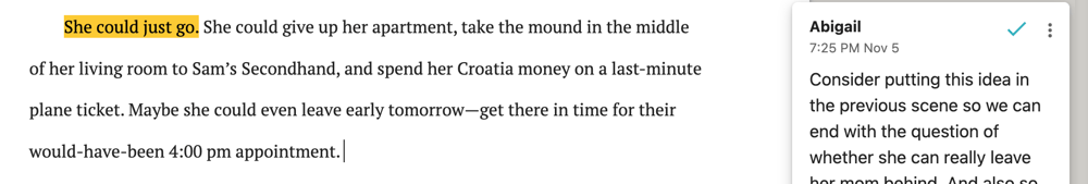 A screenshot of a Dabble manuscript with a comment box, showing how the user used commenting as a writing hack to stay on track.