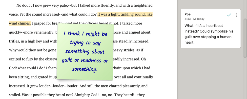 Screenshot of a Dabble manuscript showing the text of The Tell-Tale Heart with a sticky note reading "I think I might be trying to say something about guilt or madness or something."