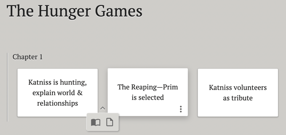 A screenshot of Dabble's manuscript view with scene cards for The Hunger Games.