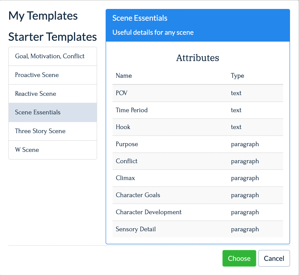 A screenshot of Plottr scene templates.