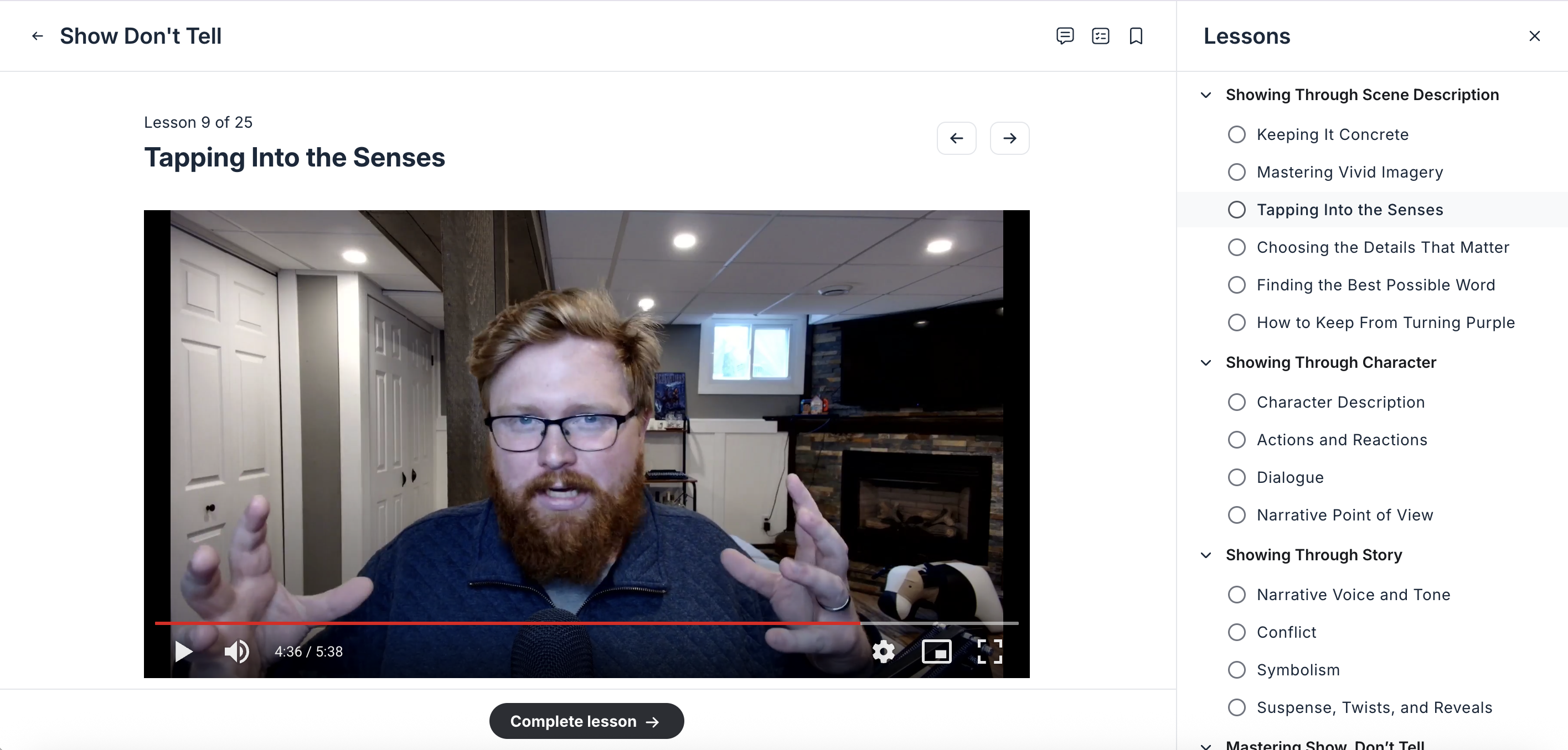 Screenshot of the DabbleU Academy Show, Don't Tell course showing a video of the instructor and a list of lessons.