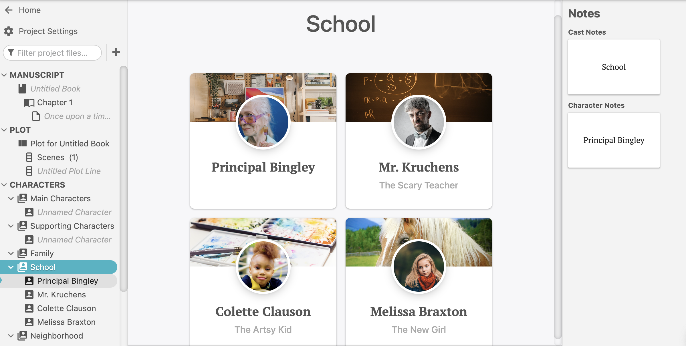 A screenshot of a cast of characters in Dabble Writer.